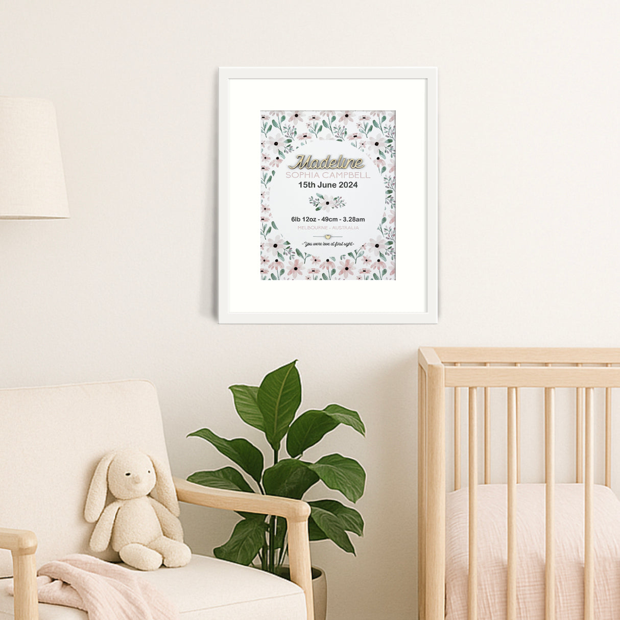 Bamboo (2 colour options) Pink Petals Pattern 3D Personalised Birth Print