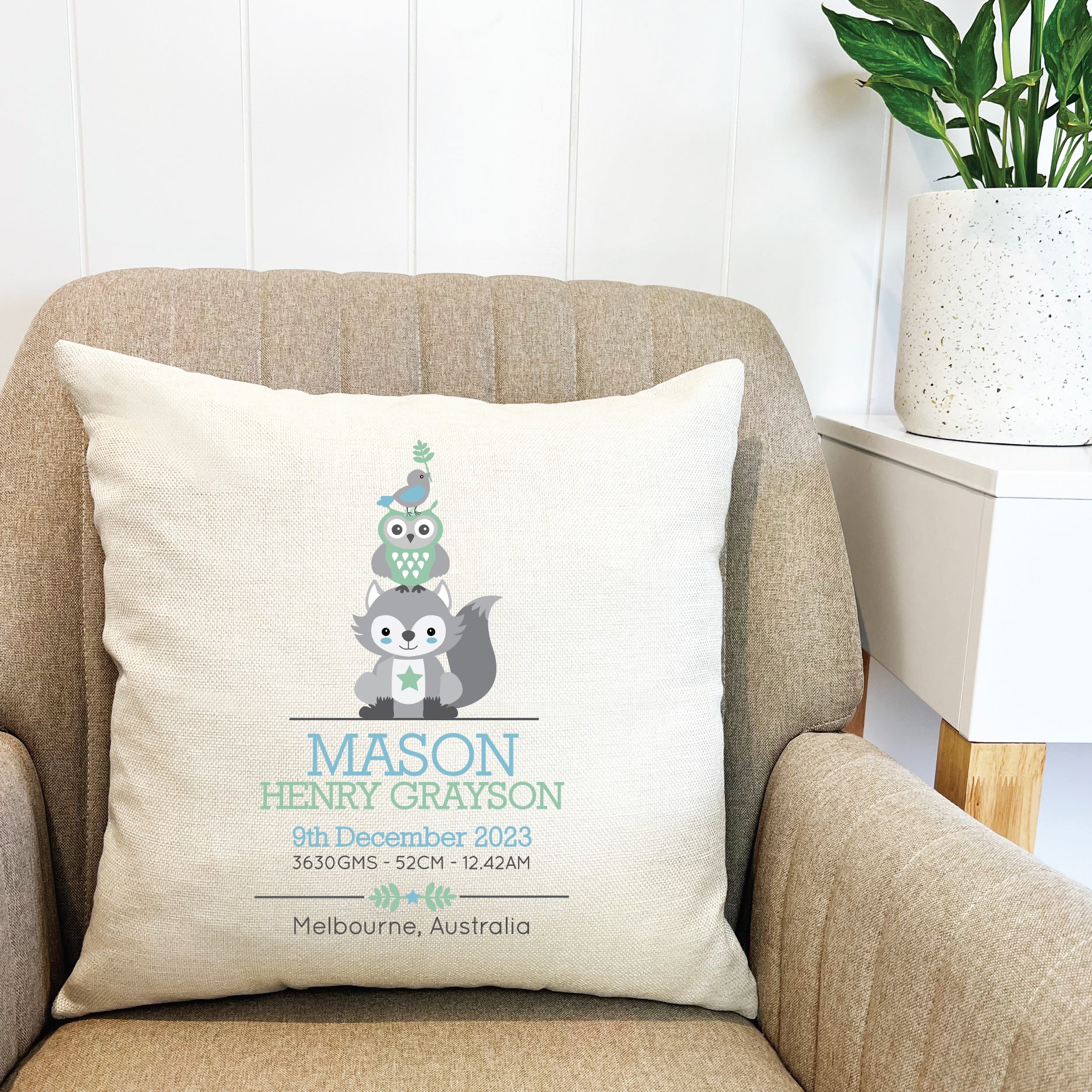 Personalised Boys Animal Stack Birth Details Cushion Cover