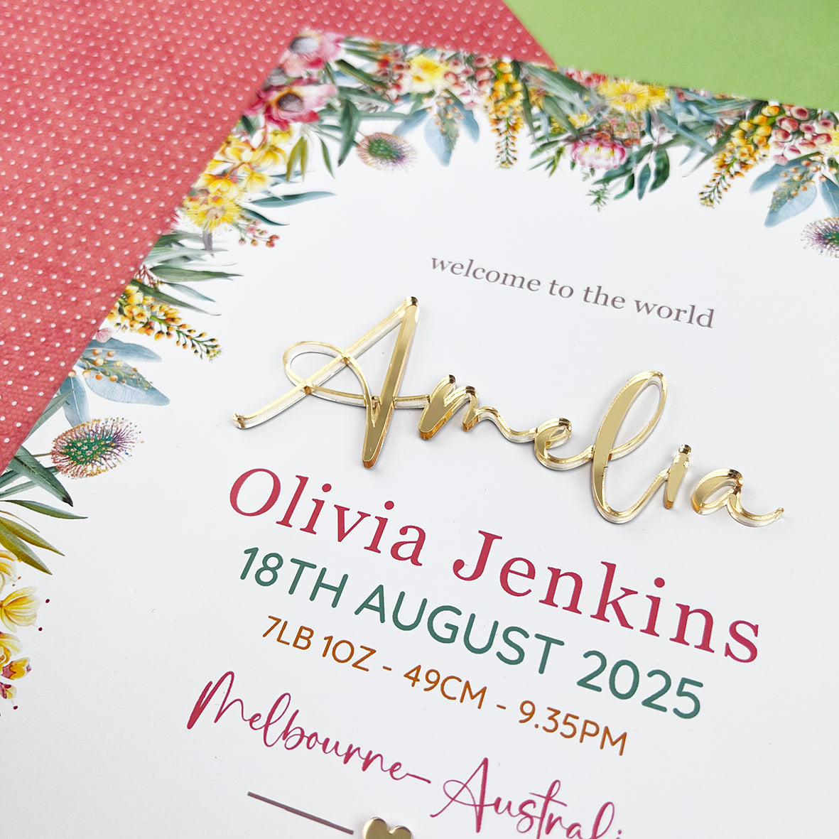 Mirror (Gold) Australian Natives 3D Personalised Birth Print