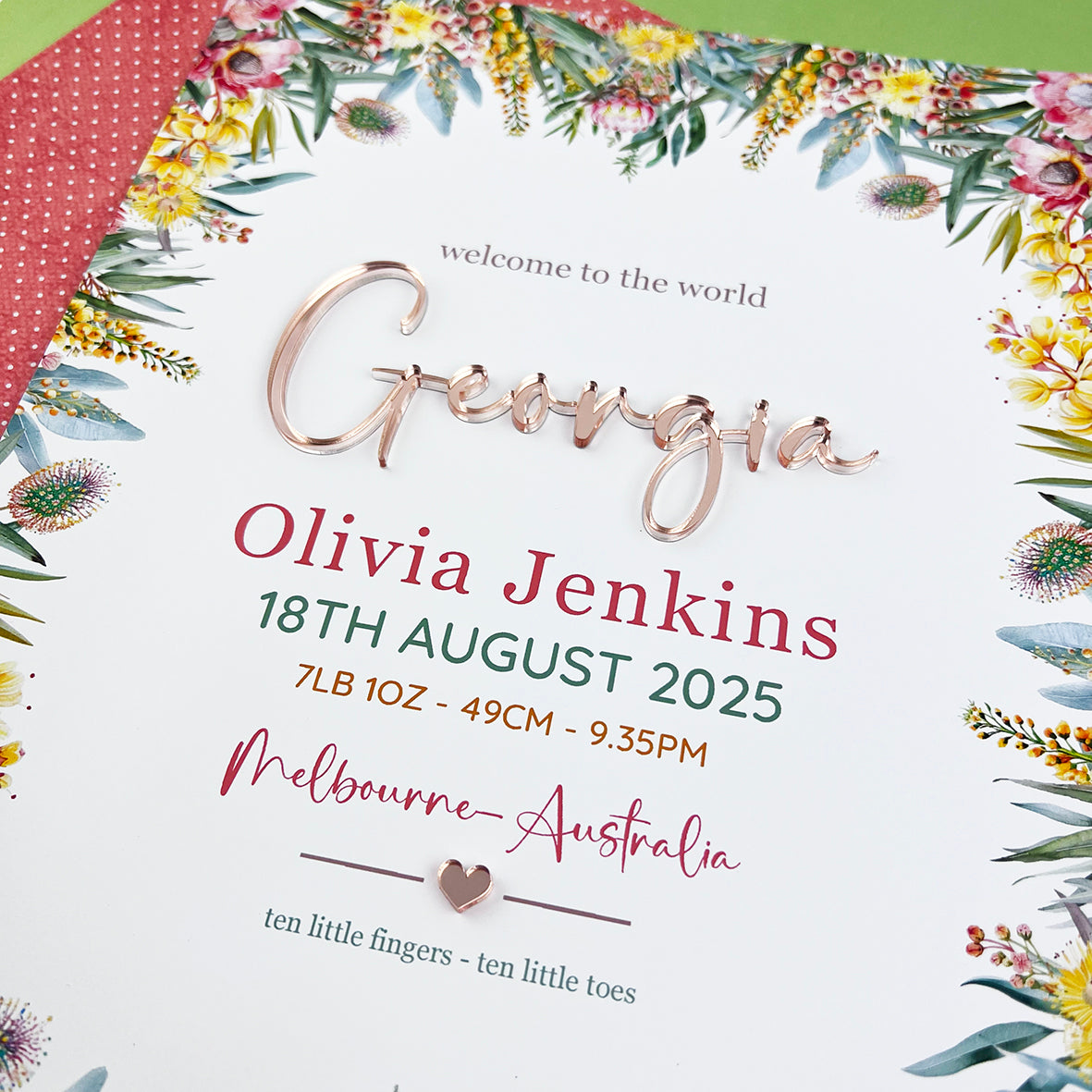 Mirror (Rose Gold) Australian Natives 3D Personalised Birth Print