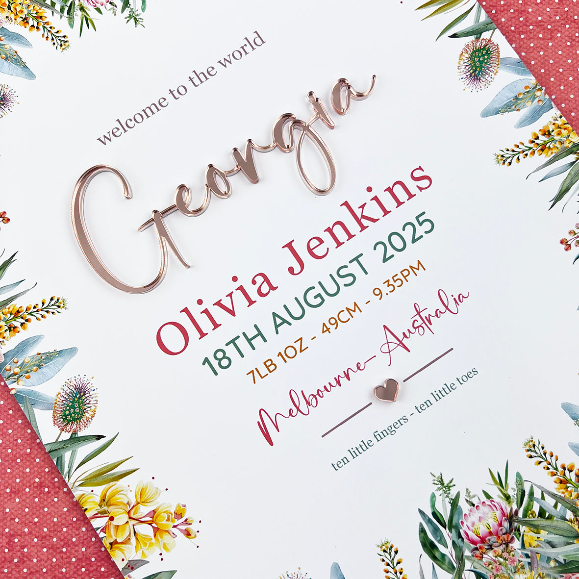 Mirror (Rose Gold) Australian Natives 3D Personalised Birth Print