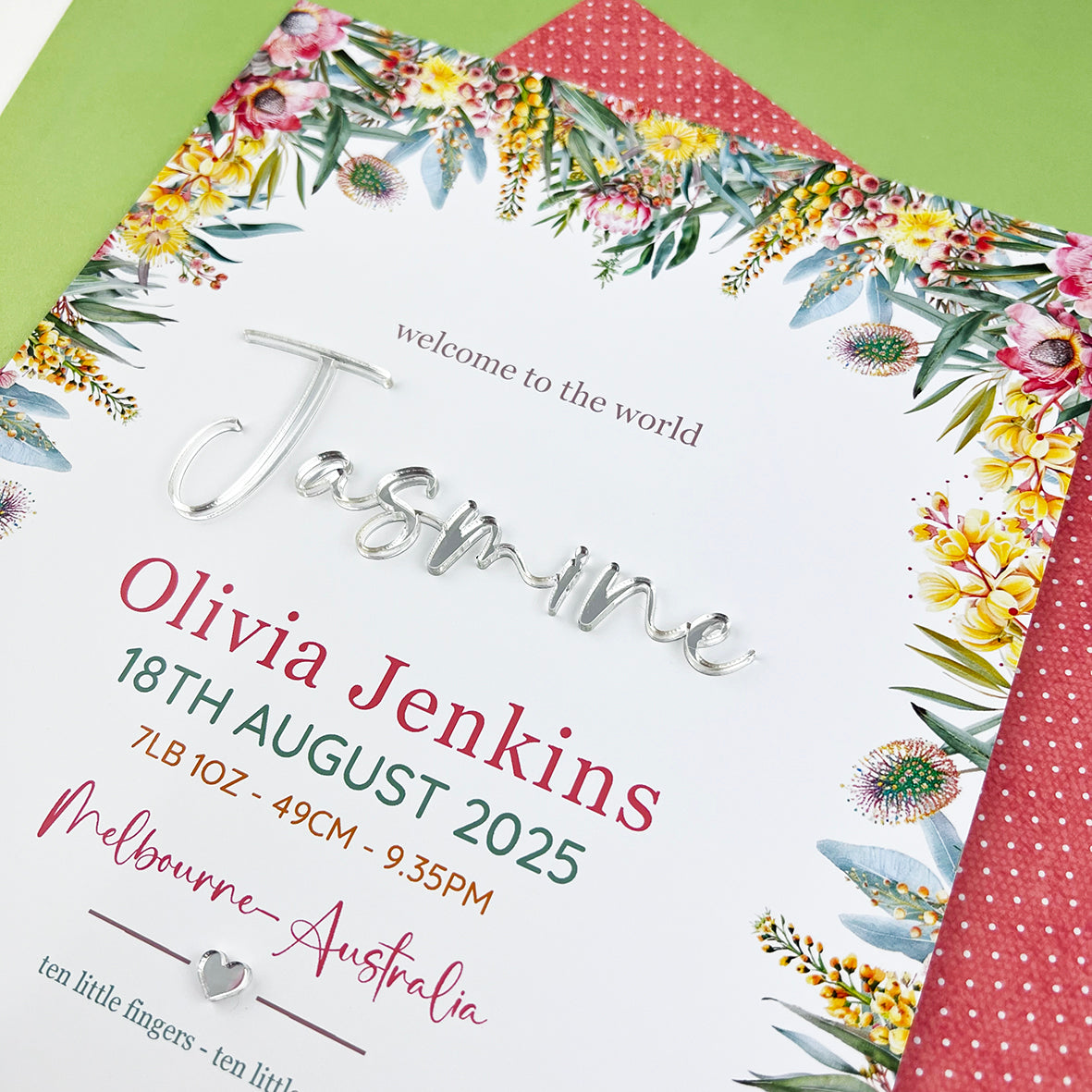 Mirror (Silver) Australian Natives 3D Personalised Birth Print