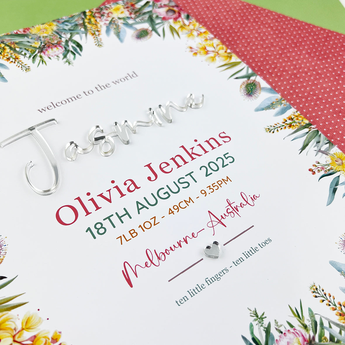 Mirror (Silver) Australian Natives 3D Personalised Birth Print