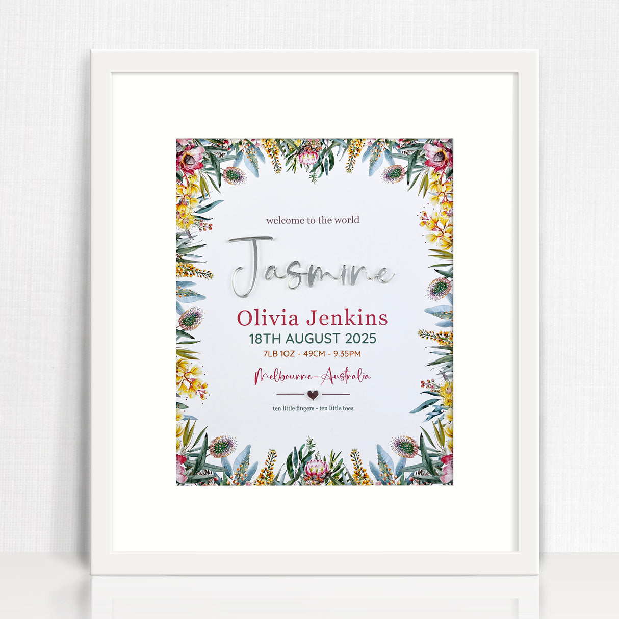 Mirror (Silver) Australian Natives 3D Personalised Birth Print