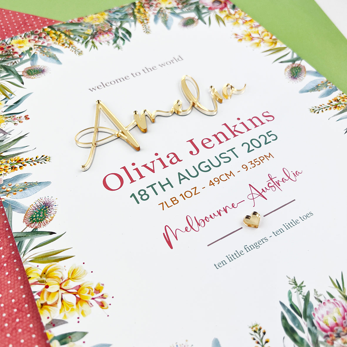 Mirror (Gold) Australian Natives 3D Personalised Birth Print