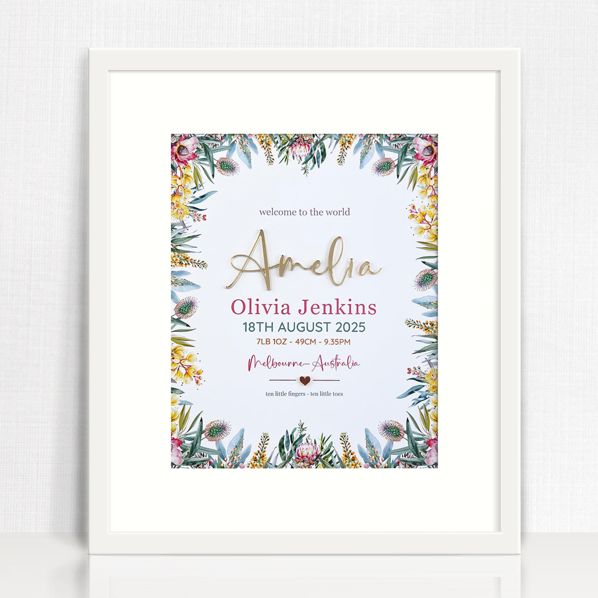 Mirror (Gold) Australian Natives 3D Personalised Birth Print