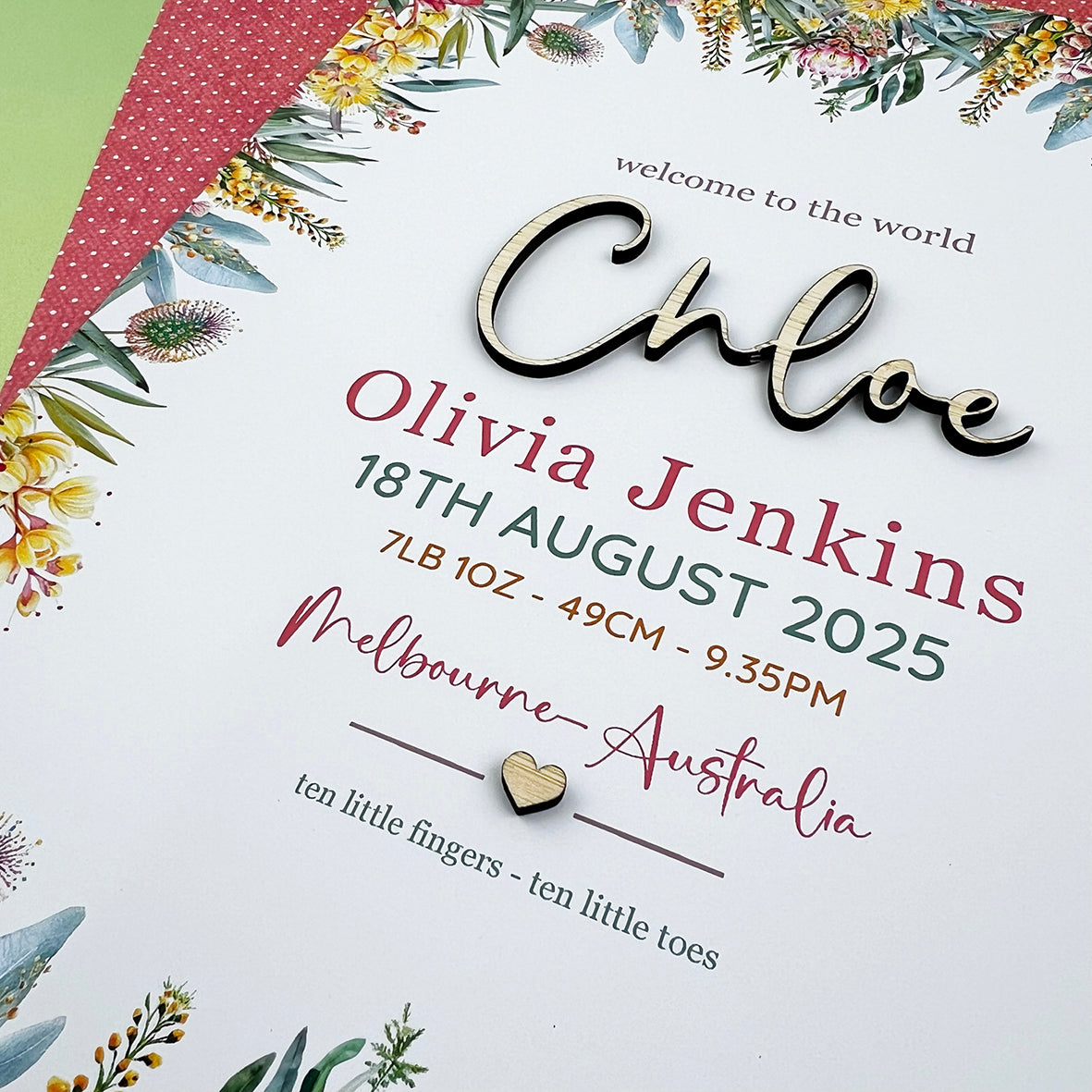 Bamboo Australian Natives (2 colour options) 3D Personalised Birth Print