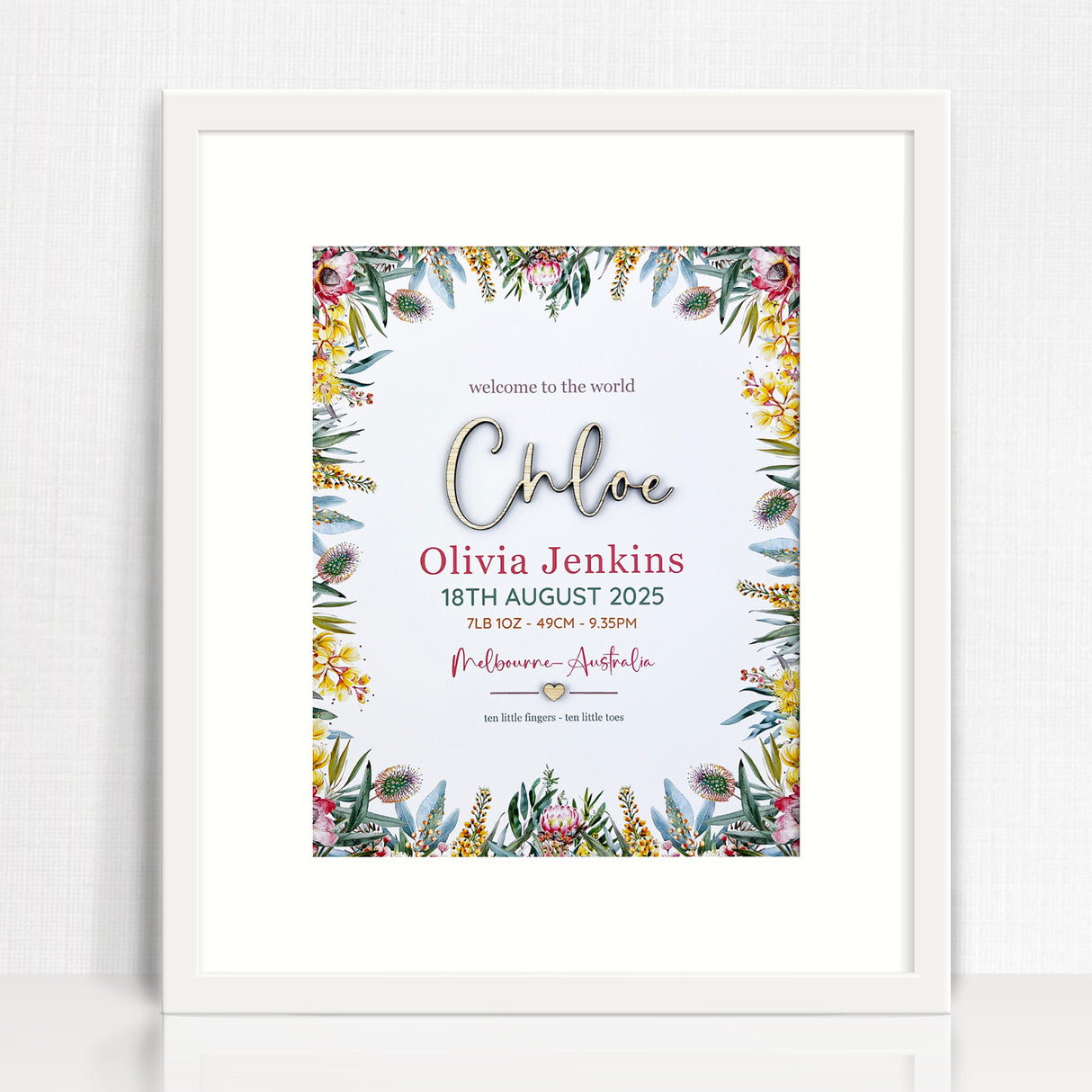 Bamboo Australian Natives (2 colour options) 3D Personalised Birth Print