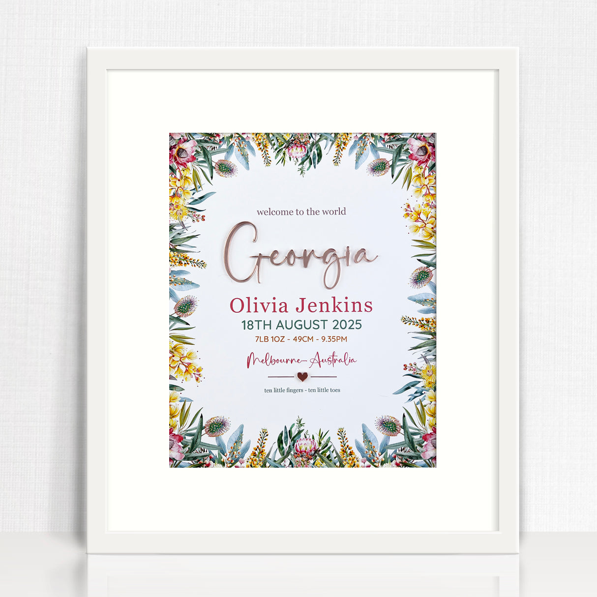 Mirror (Rose Gold) Australian Natives 3D Personalised Birth Print