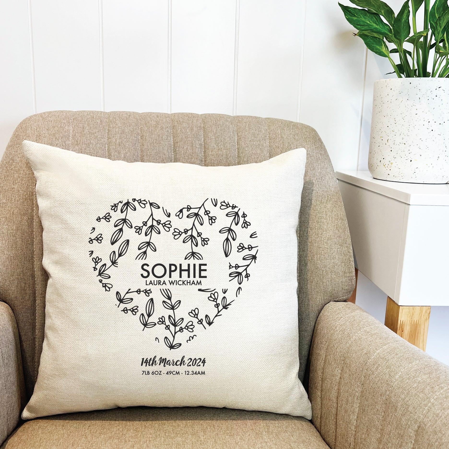 Personalised Botanical Heart Birth Details Cushion Cover