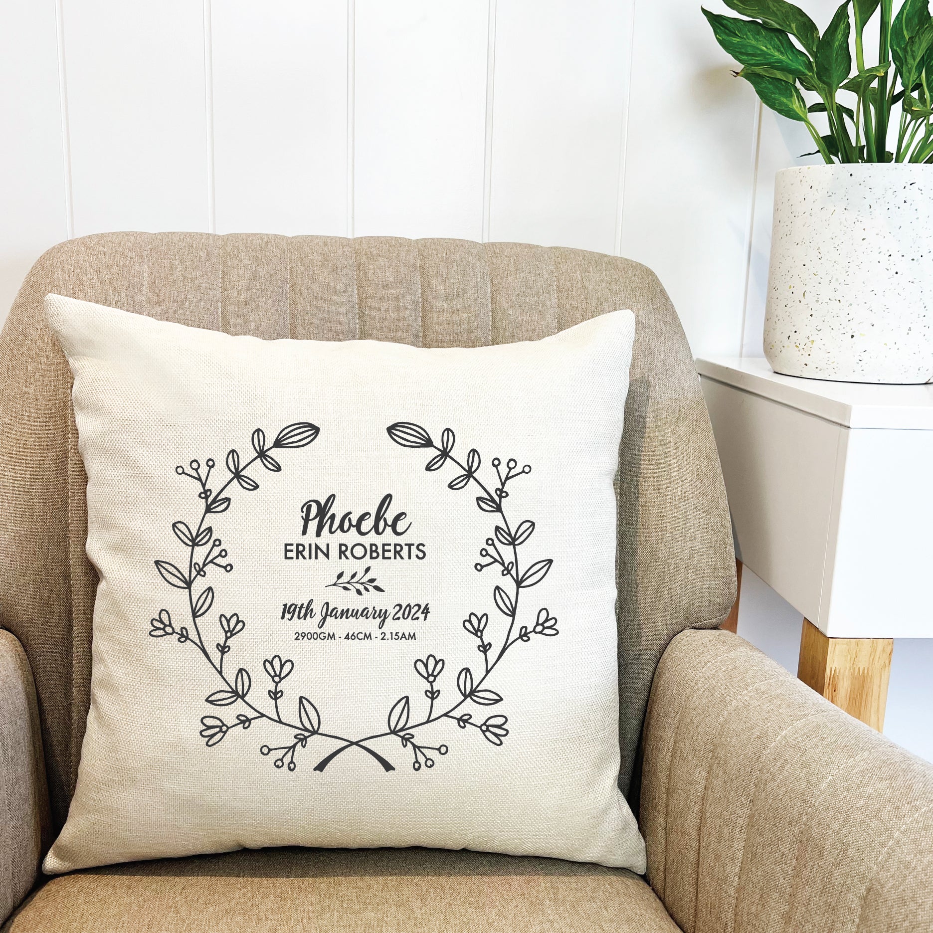 Personalised Botanical Wreath Birth Details Cushion Cover