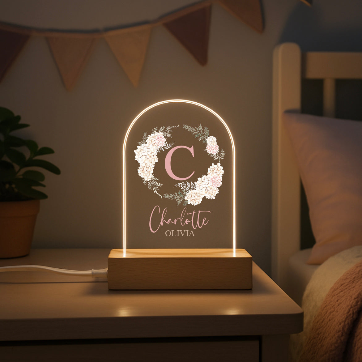 Creamy Floral Wreath Personalised Night Light