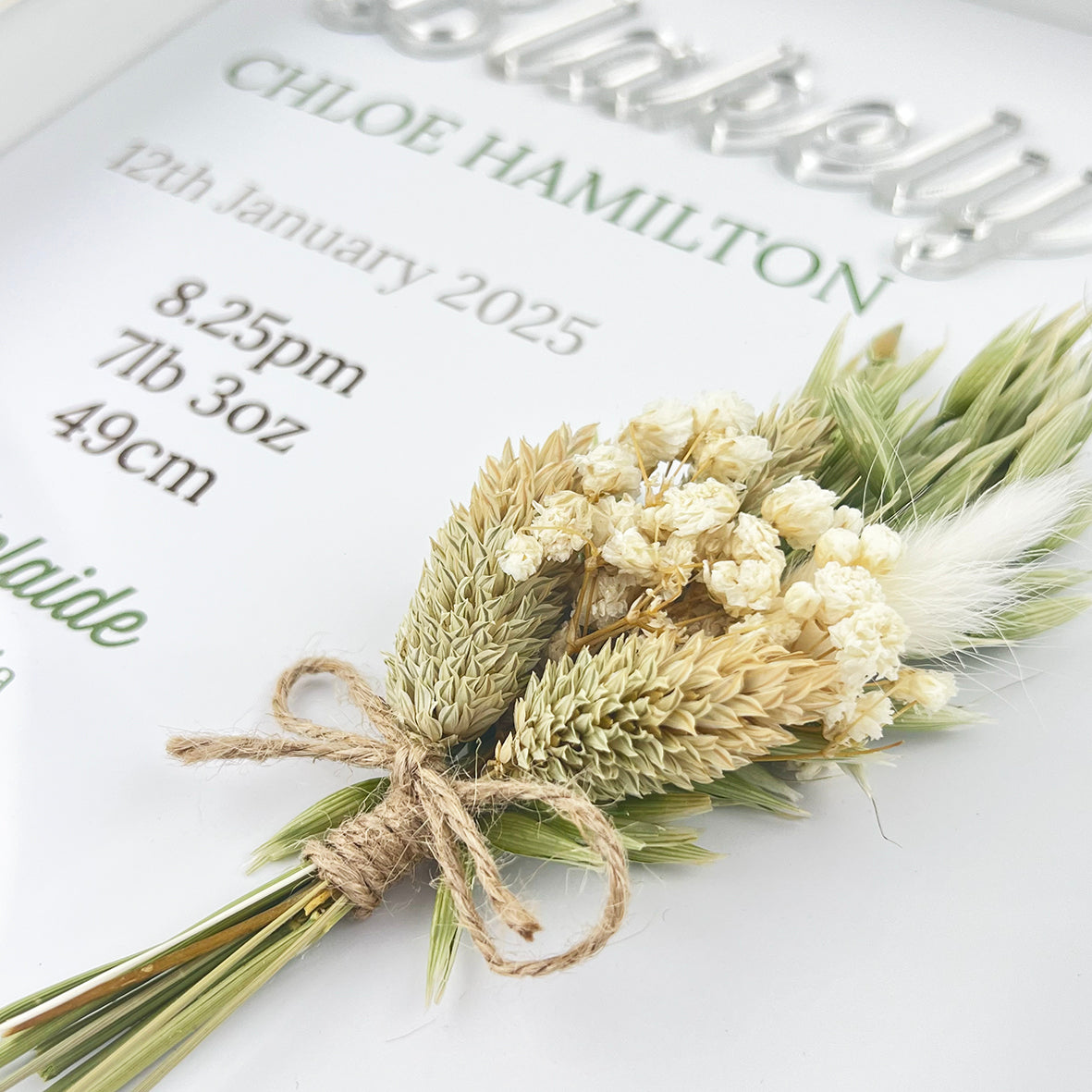 Mirror White/Green Dried Flower Bouquet 3D Personalised Birth Print