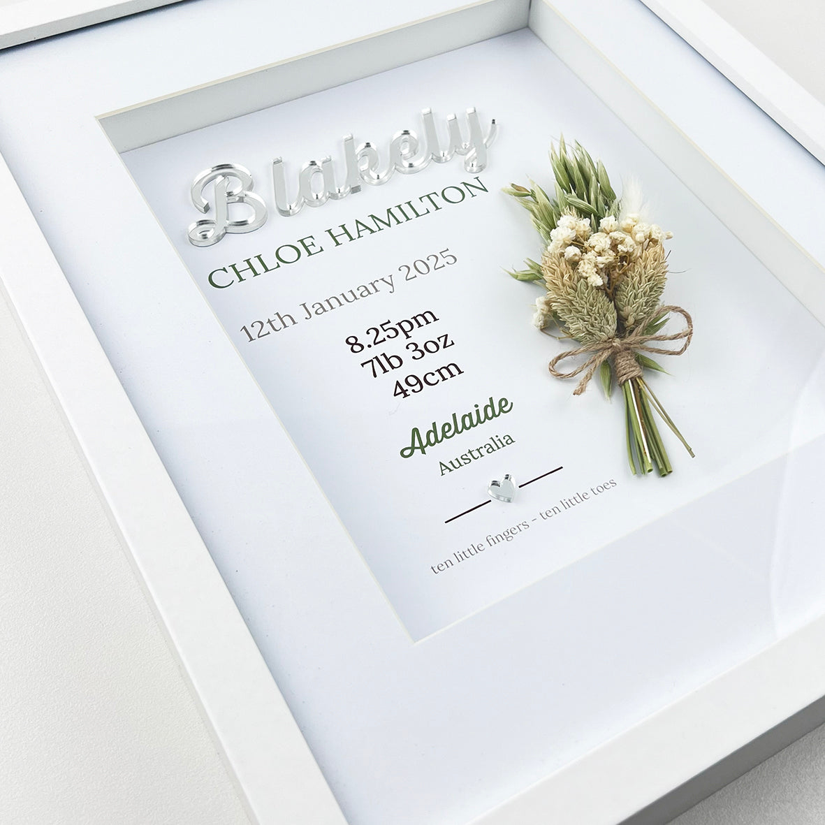 Mirror White/Green Dried Flower Bouquet 3D Personalised Birth Print