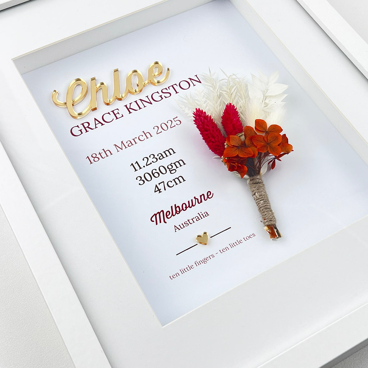 Mirror Red/Rust Dried Flower Bouquet 3D Personalised Birth Print