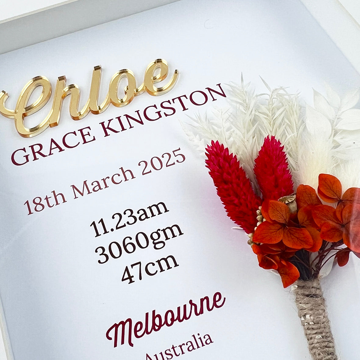 Mirror Red/Rust Dried Flower Bouquet 3D Personalised Birth Print