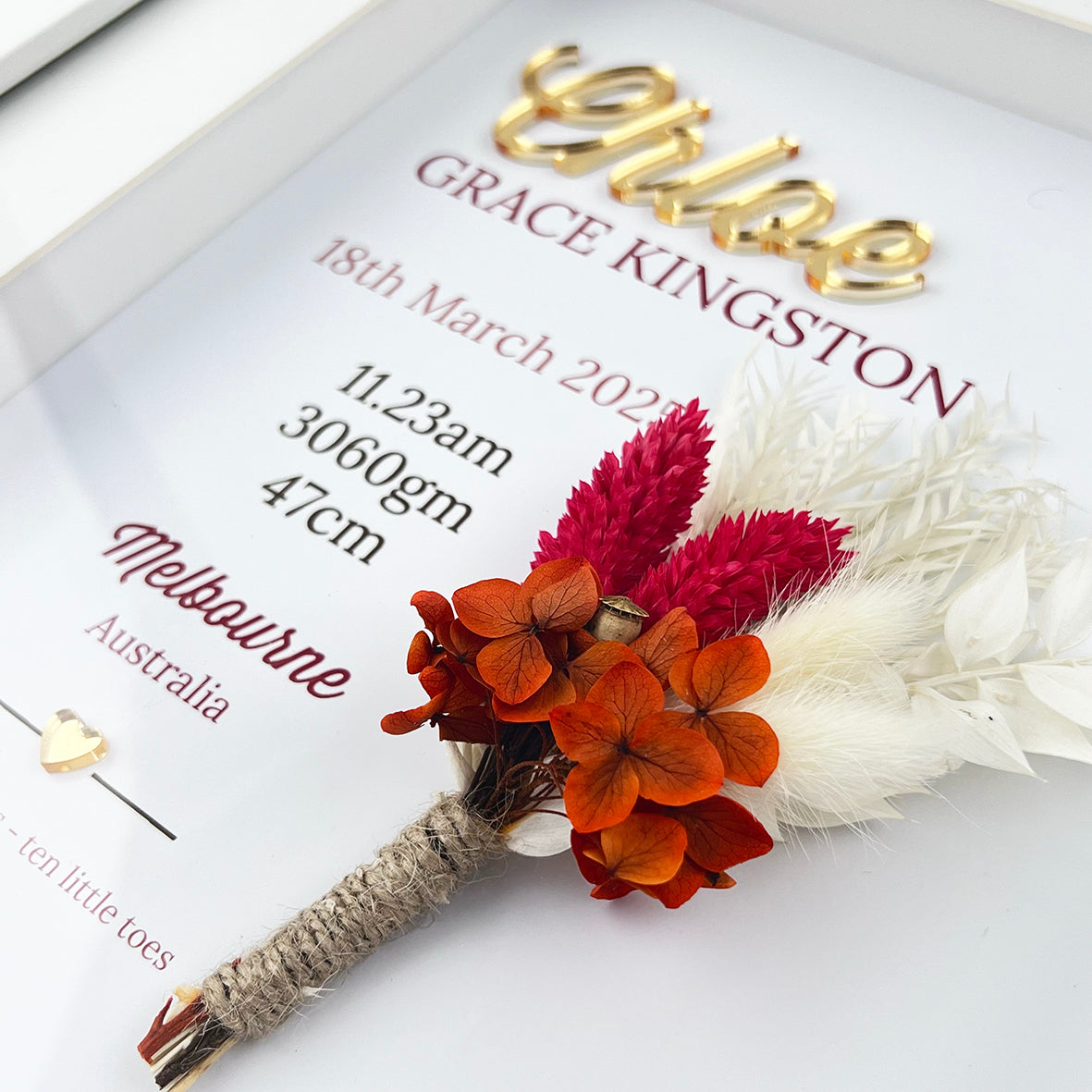 Mirror Red/Rust Dried Flower Bouquet 3D Personalised Birth Print