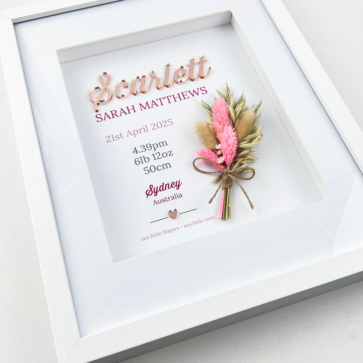 Mirror Pink/Beige Dried Flower Bouquet 3D Personalised Birth Print