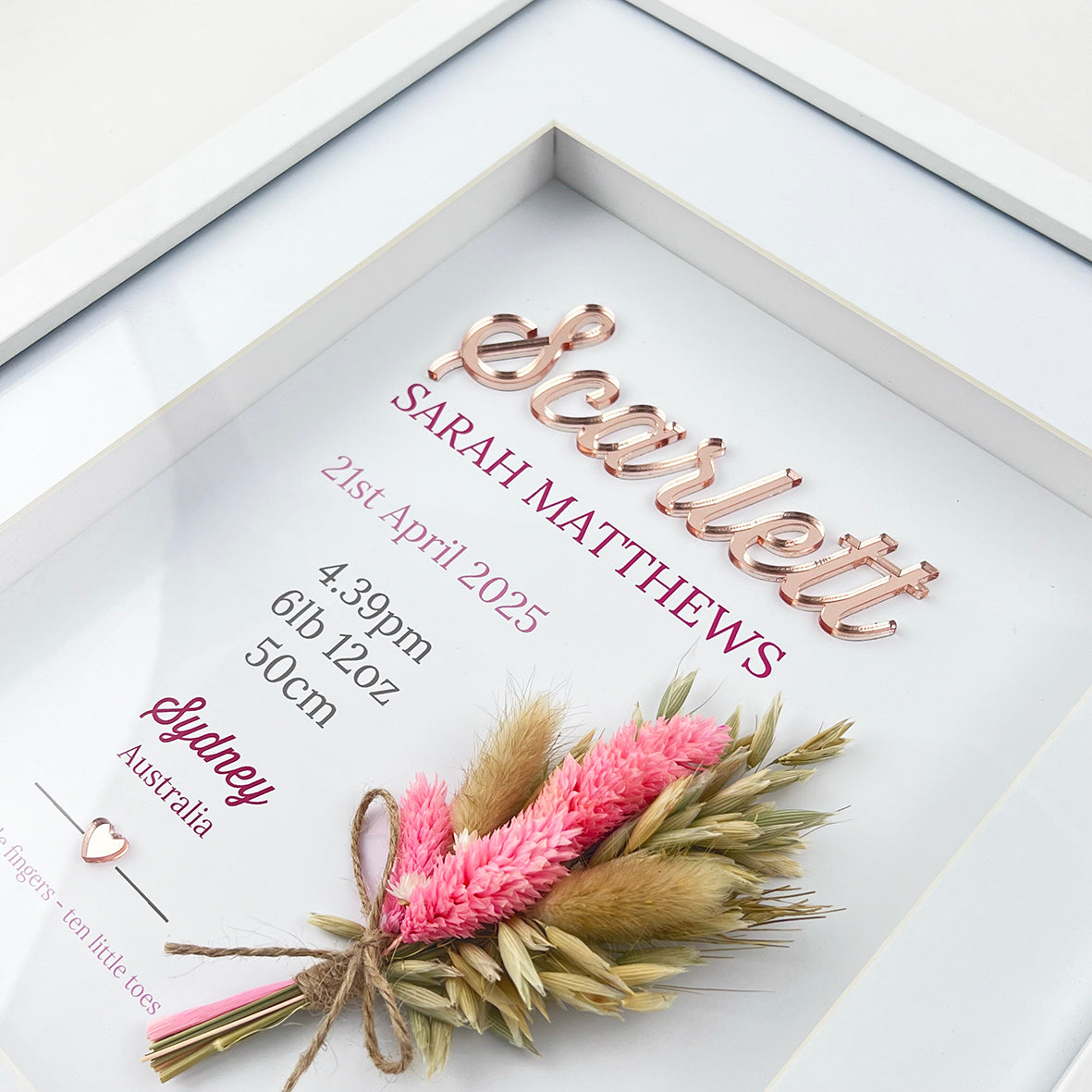Mirror Pink/Beige Dried Flower Bouquet 3D Personalised Birth Print
