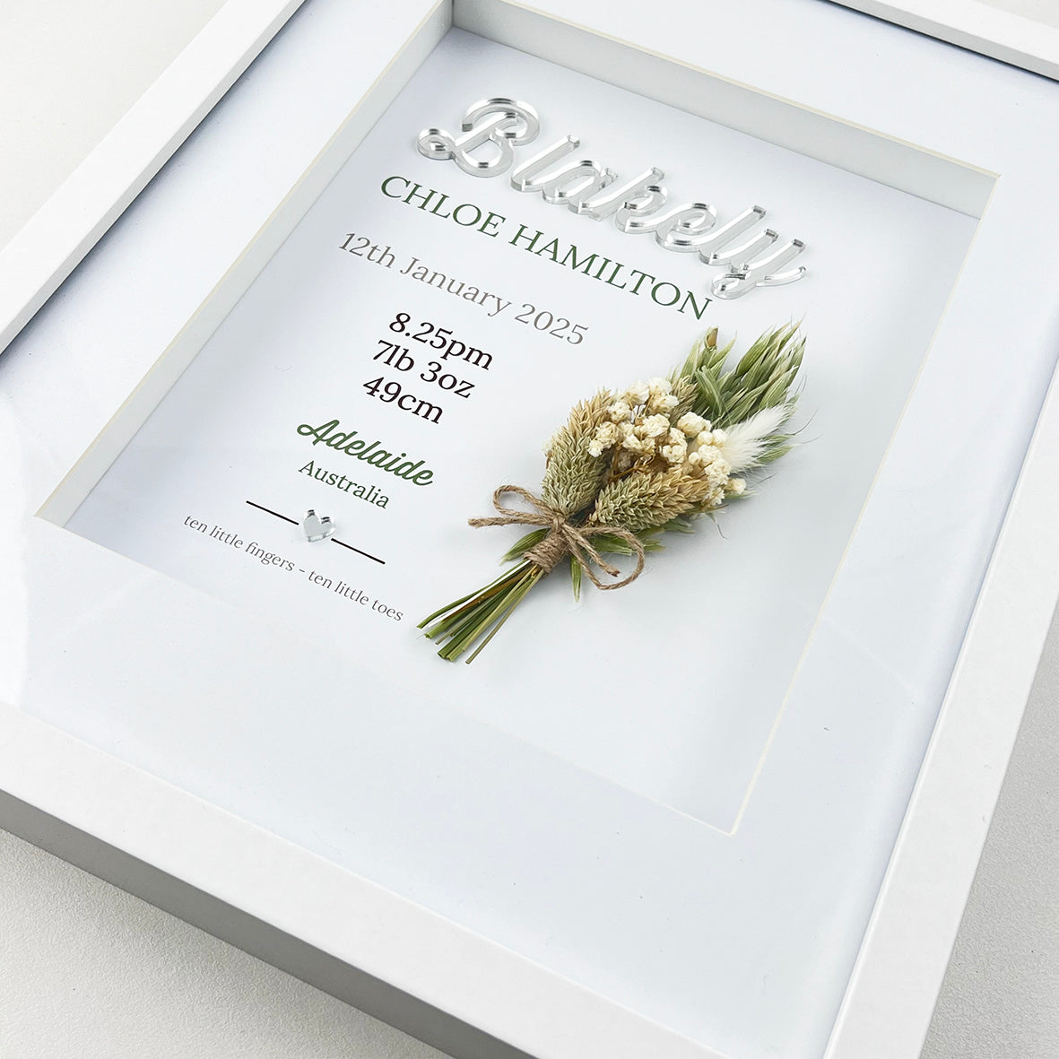 Mirror White/Green Dried Flower Bouquet 3D Personalised Birth Print