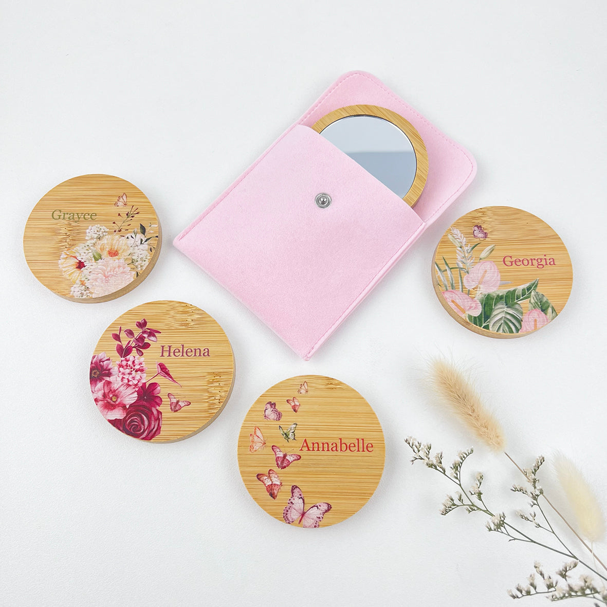 Personalised Floral Bamboo Mirror & Pouch (4 designs)