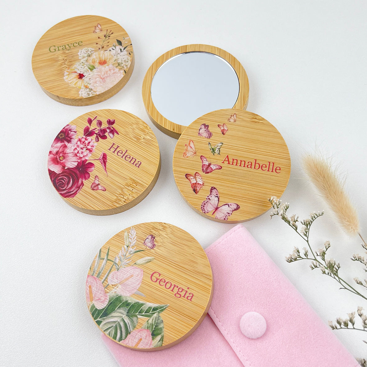 Personalised Floral Bamboo Mirror & Pouch (4 designs)
