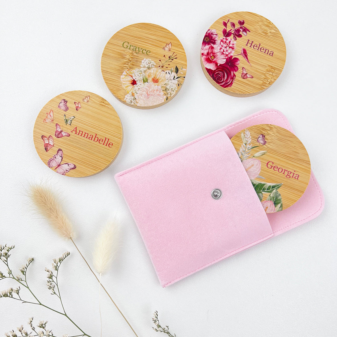 Personalised Floral Bamboo Mirror & Pouch (4 designs)