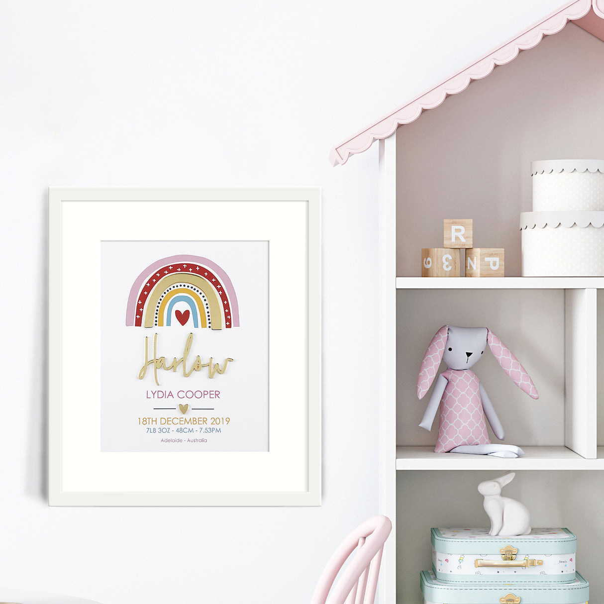 Mirror (Gold) Girls Rainbow 3D Personalised Birth Print