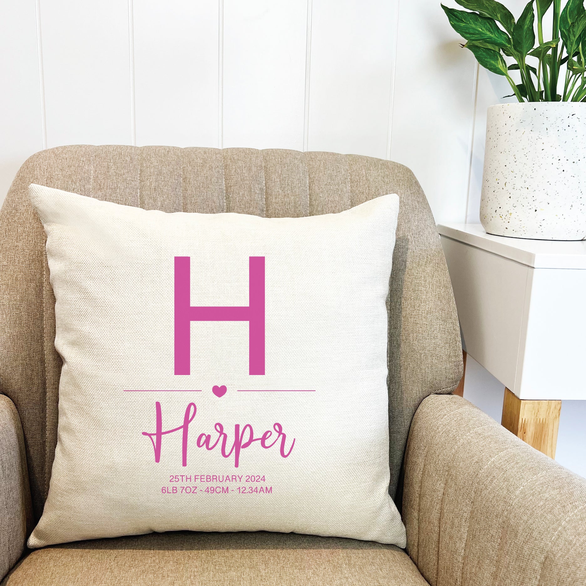 Personalised Initial Heart Birth Details Cushion Cover (various colours)