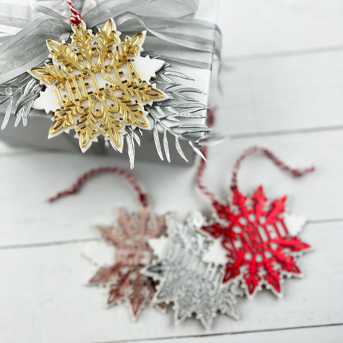 Mirror Snowflake Name Ornaments (various colours)