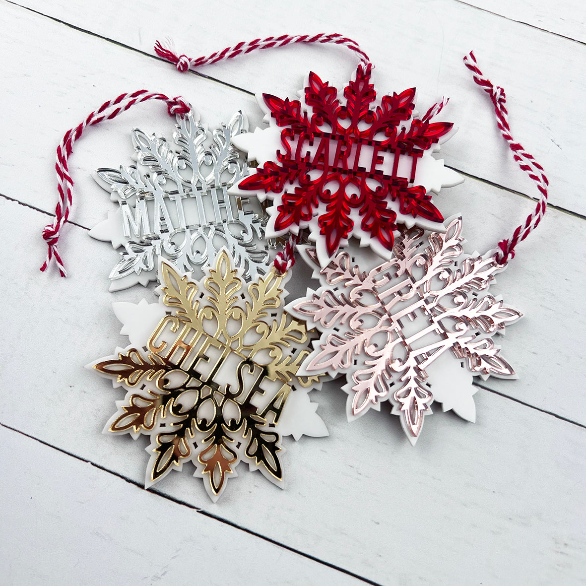 Mirror Snowflake Name Ornaments (various colours)