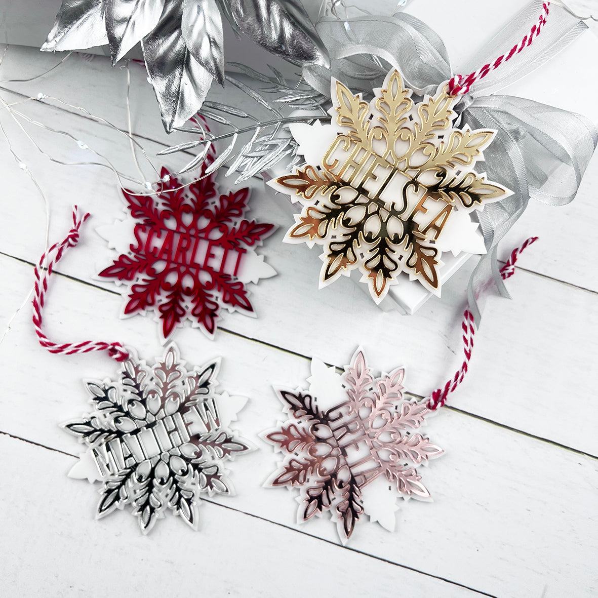 Mirror Snowflake Name Ornaments (various colours)