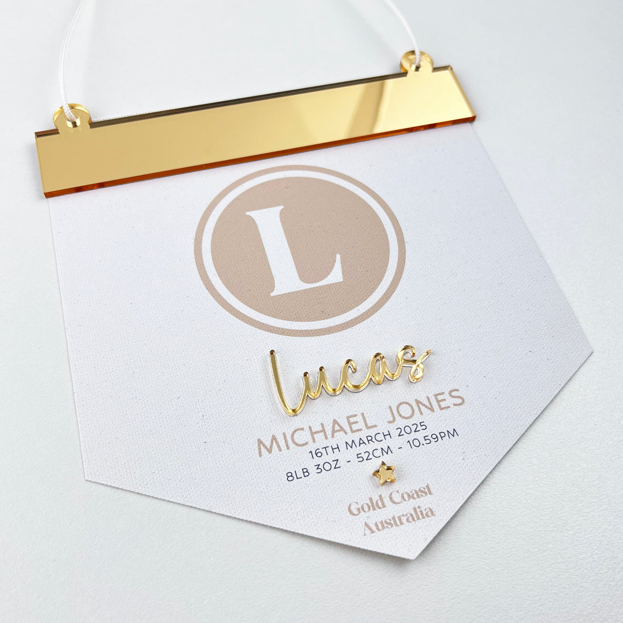 3D Monogram Birth Details Pennant Banner - Caramel