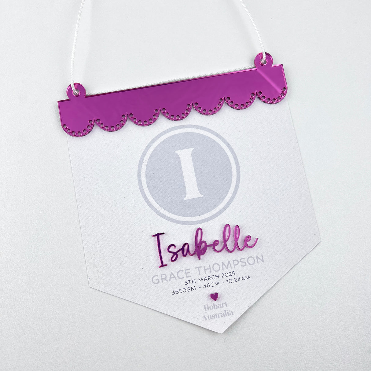 3D Monogram Birth Details Pennant Banner - Grey