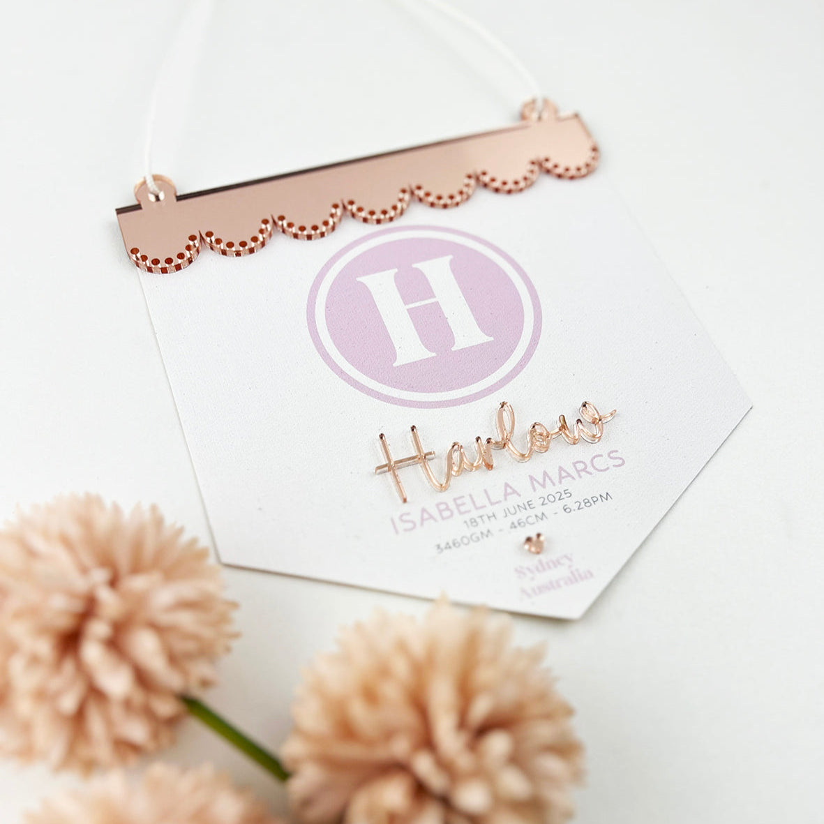 3D Monogram Birth Details Pennant Banner - Pink