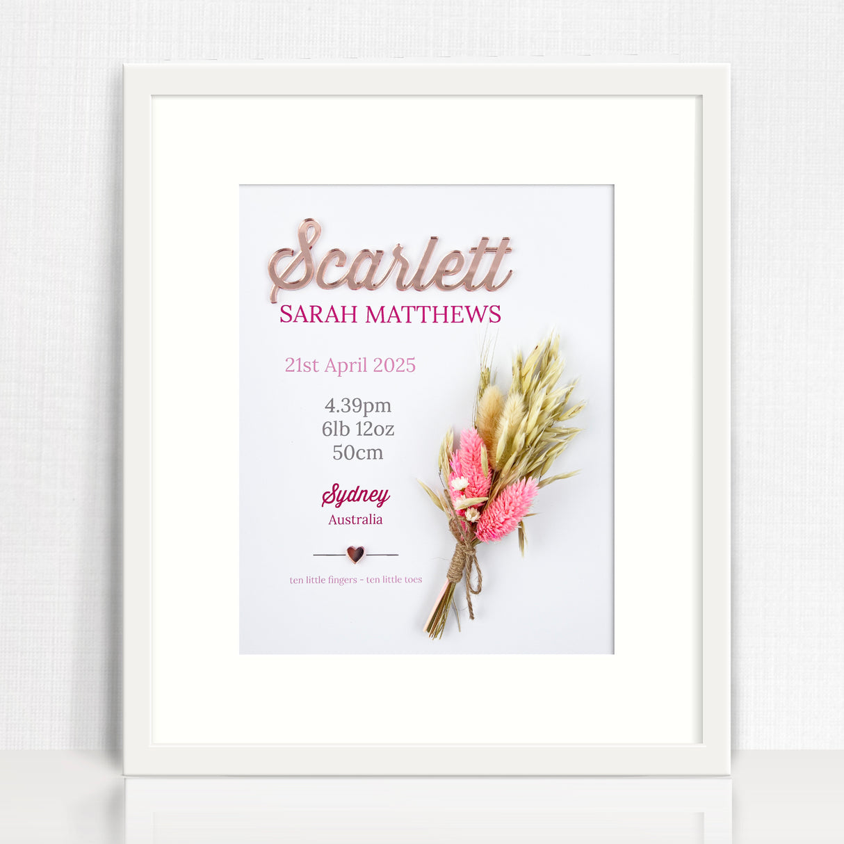 Mirror Pink/Beige Dried Flower Bouquet 3D Personalised Birth Print