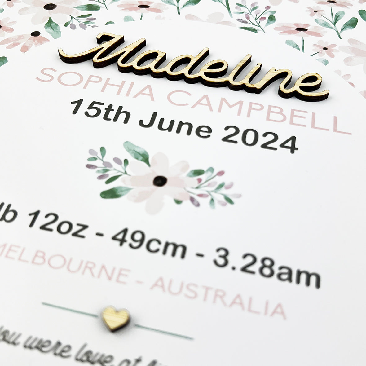 Bamboo (2 colour options) Pink Petals Pattern 3D Personalised Birth Print