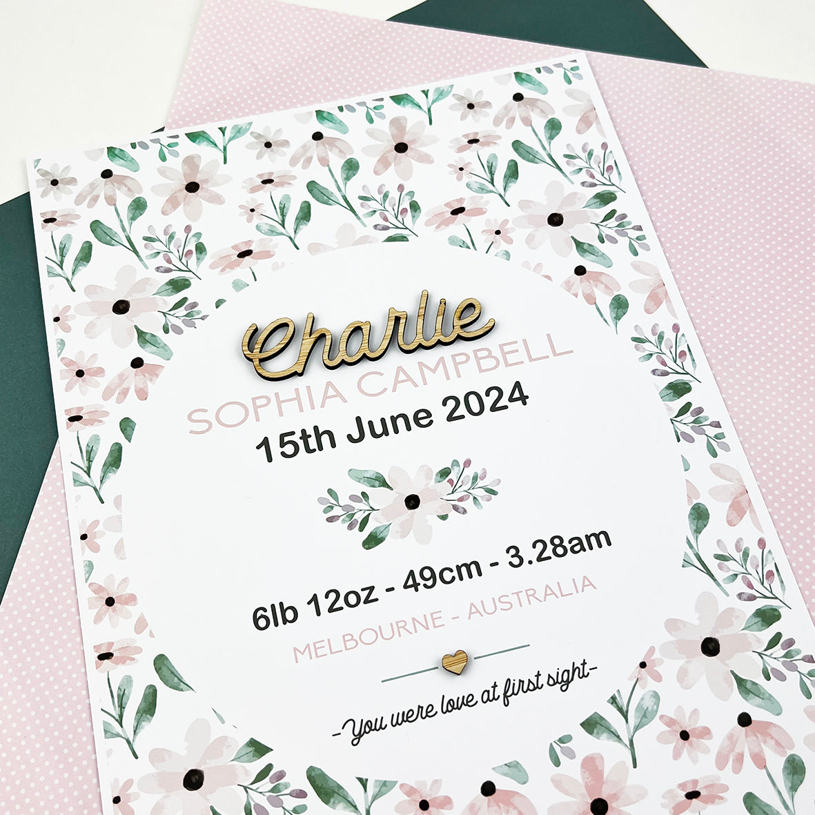 Bamboo (2 colour options) Pink Petals Pattern 3D Personalised Birth Print