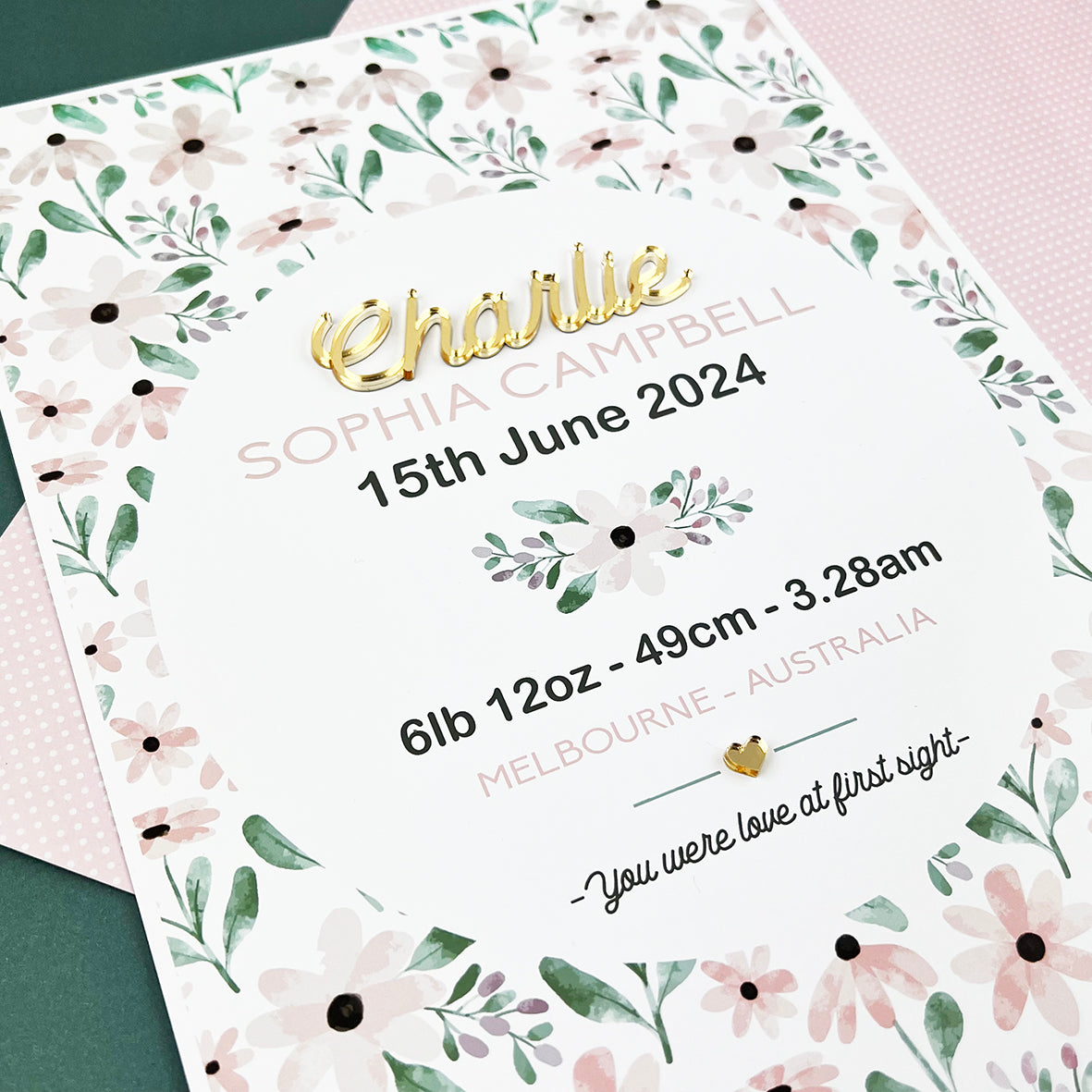 Mirror (Gold) Pink Petals Pattern 3D Personalised Birth Print