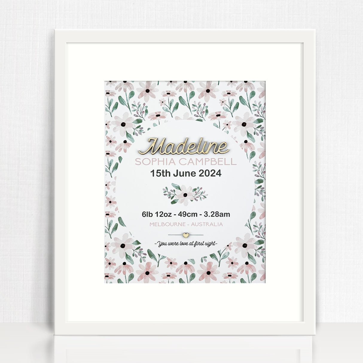Bamboo (2 colour options) Pink Petals Pattern 3D Personalised Birth Print