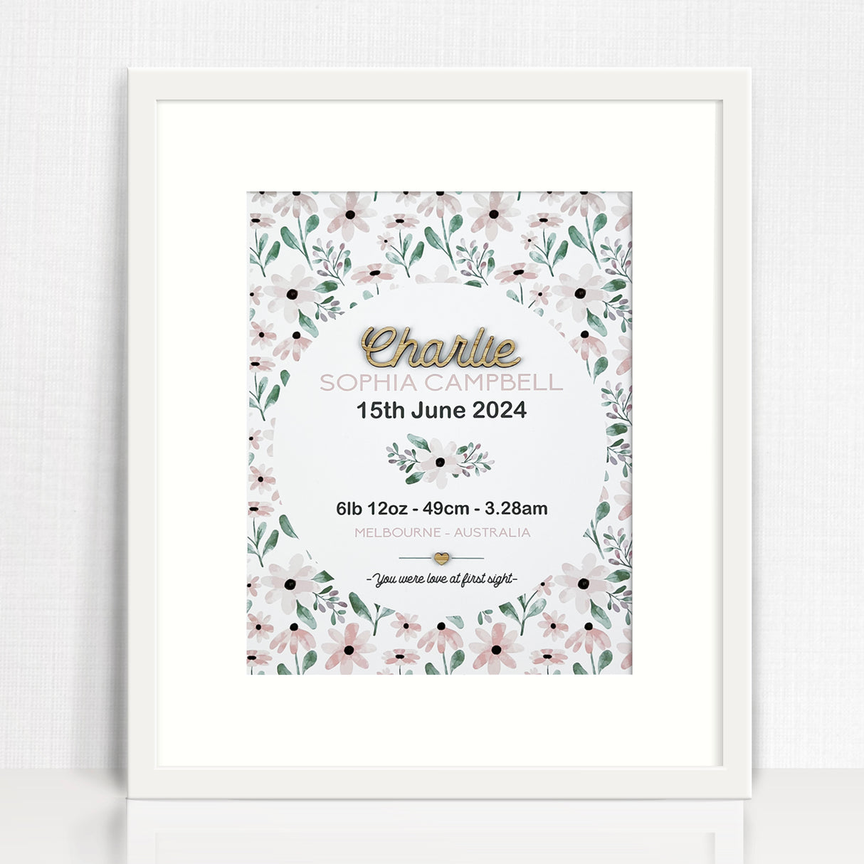 Bamboo (2 colour options) Pink Petals Pattern 3D Personalised Birth Print
