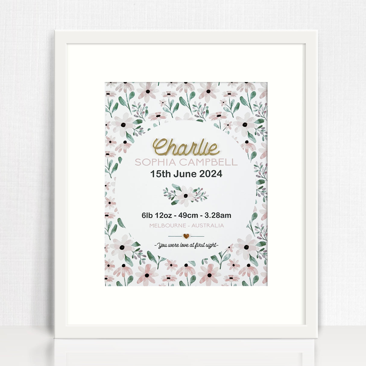 Mirror (Gold) Pink Petals Pattern 3D Personalised Birth Print