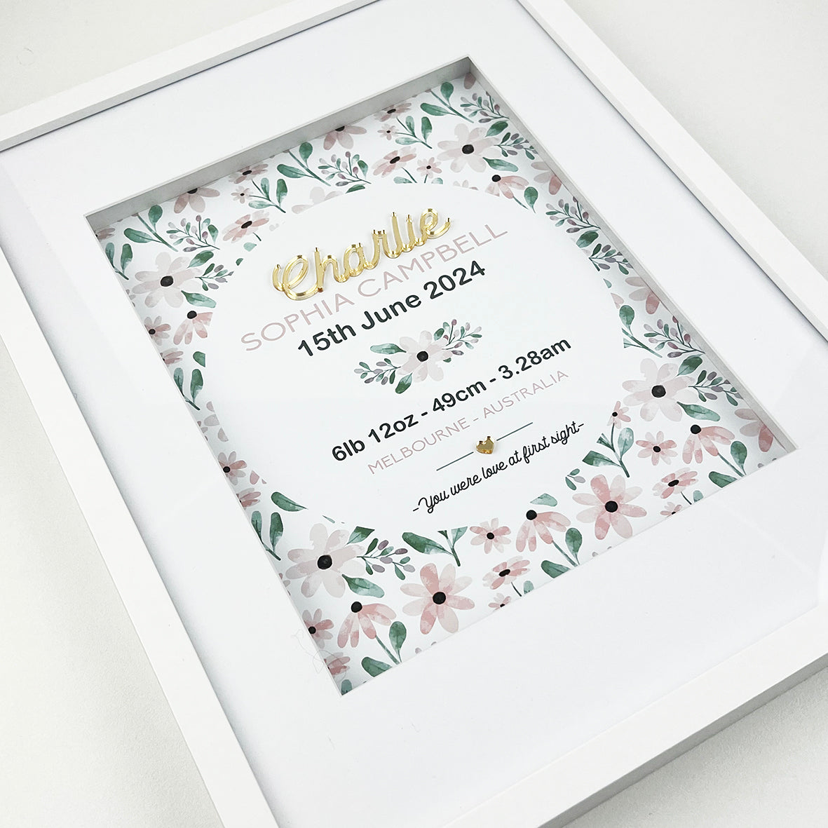 Mirror (Gold) Pink Petals Pattern 3D Personalised Birth Print