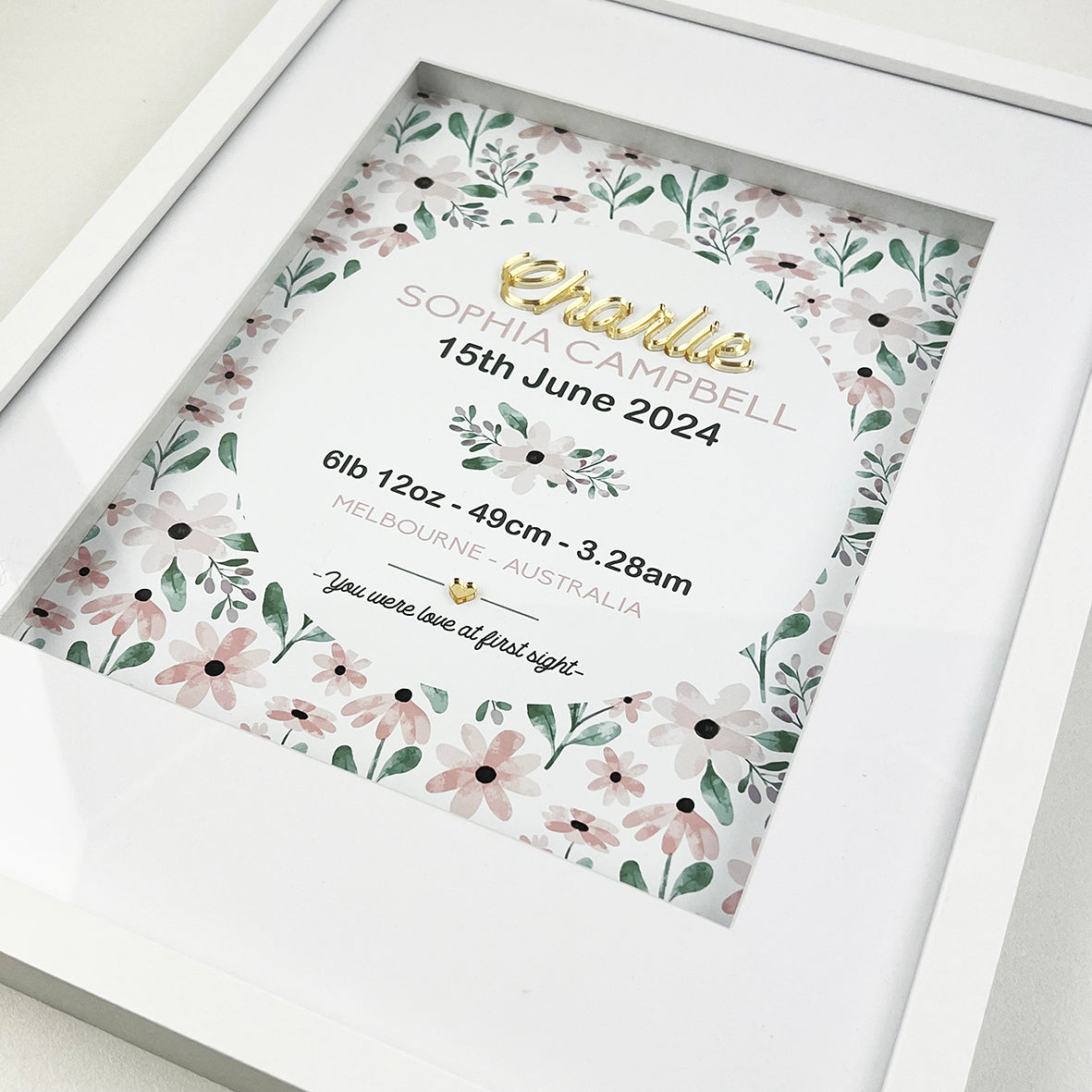 Mirror (Gold) Pink Petals Pattern 3D Personalised Birth Print