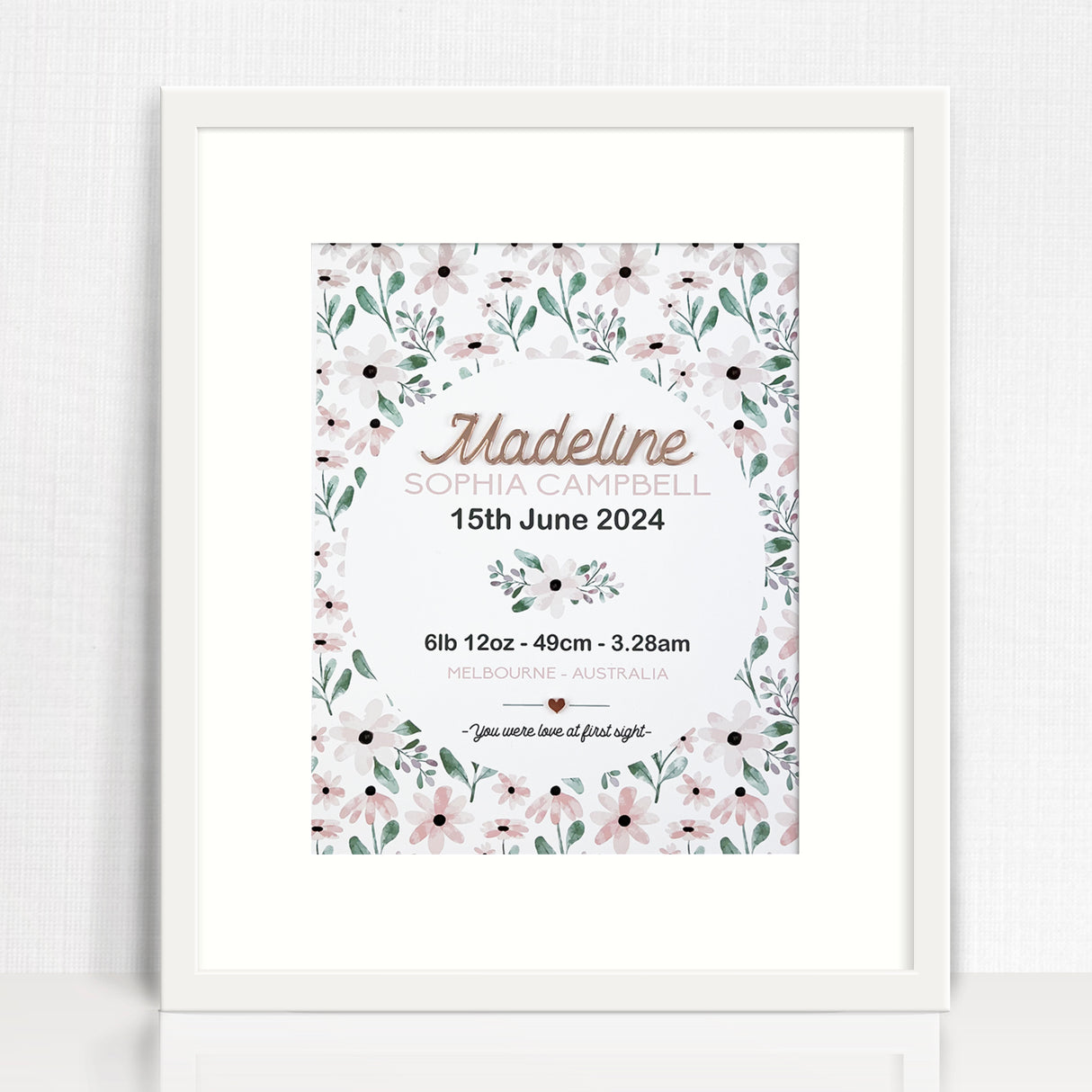 Mirror (Rose Gold) Pink Petals Pattern 3D Personalised Birth Print