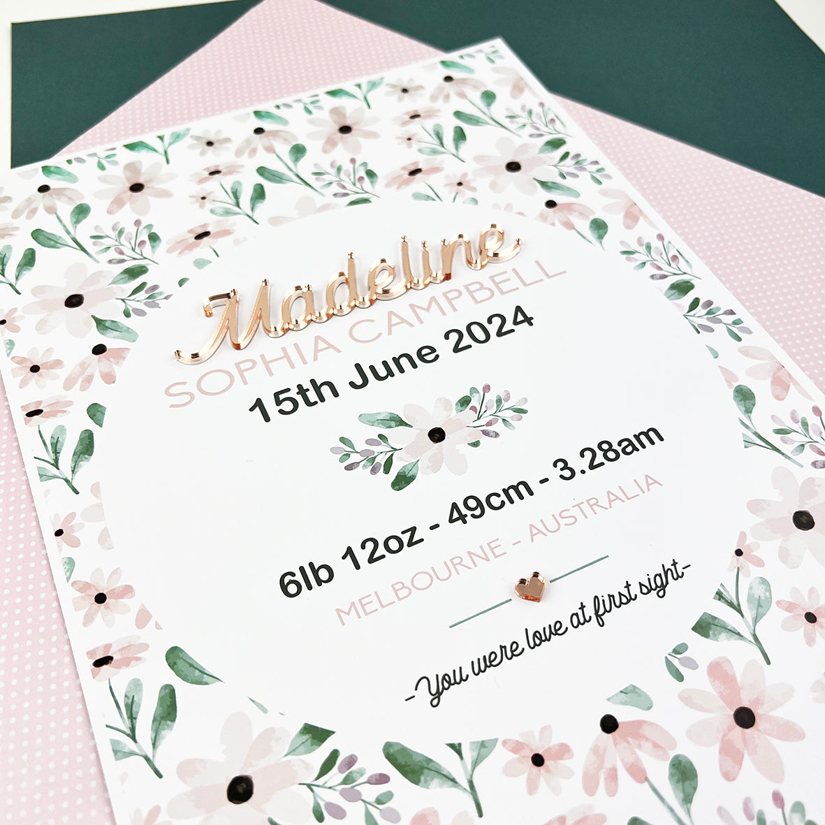 Mirror (Rose Gold) Pink Petals Pattern 3D Personalised Birth Print