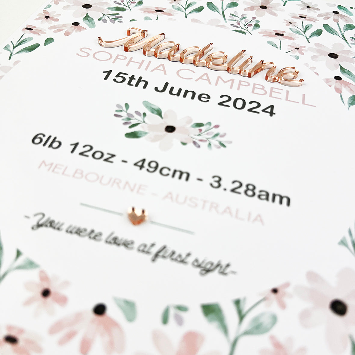 Mirror (Rose Gold) Pink Petals Pattern 3D Personalised Birth Print