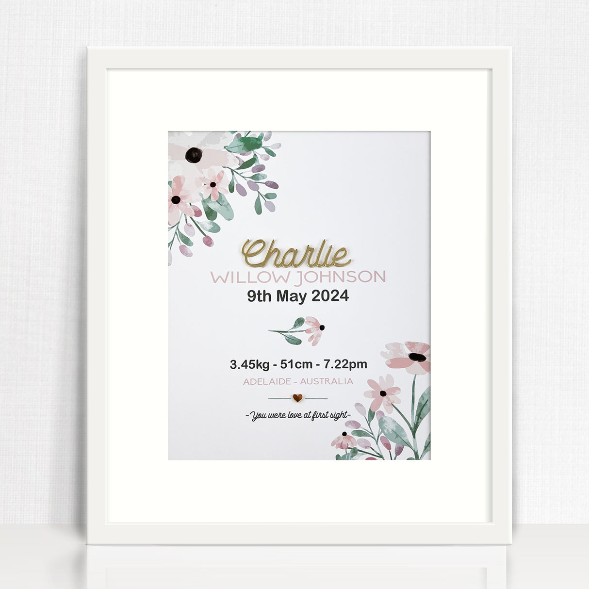 Mirror (Gold) Pink Petal Stems 3D Personalised Birth Print