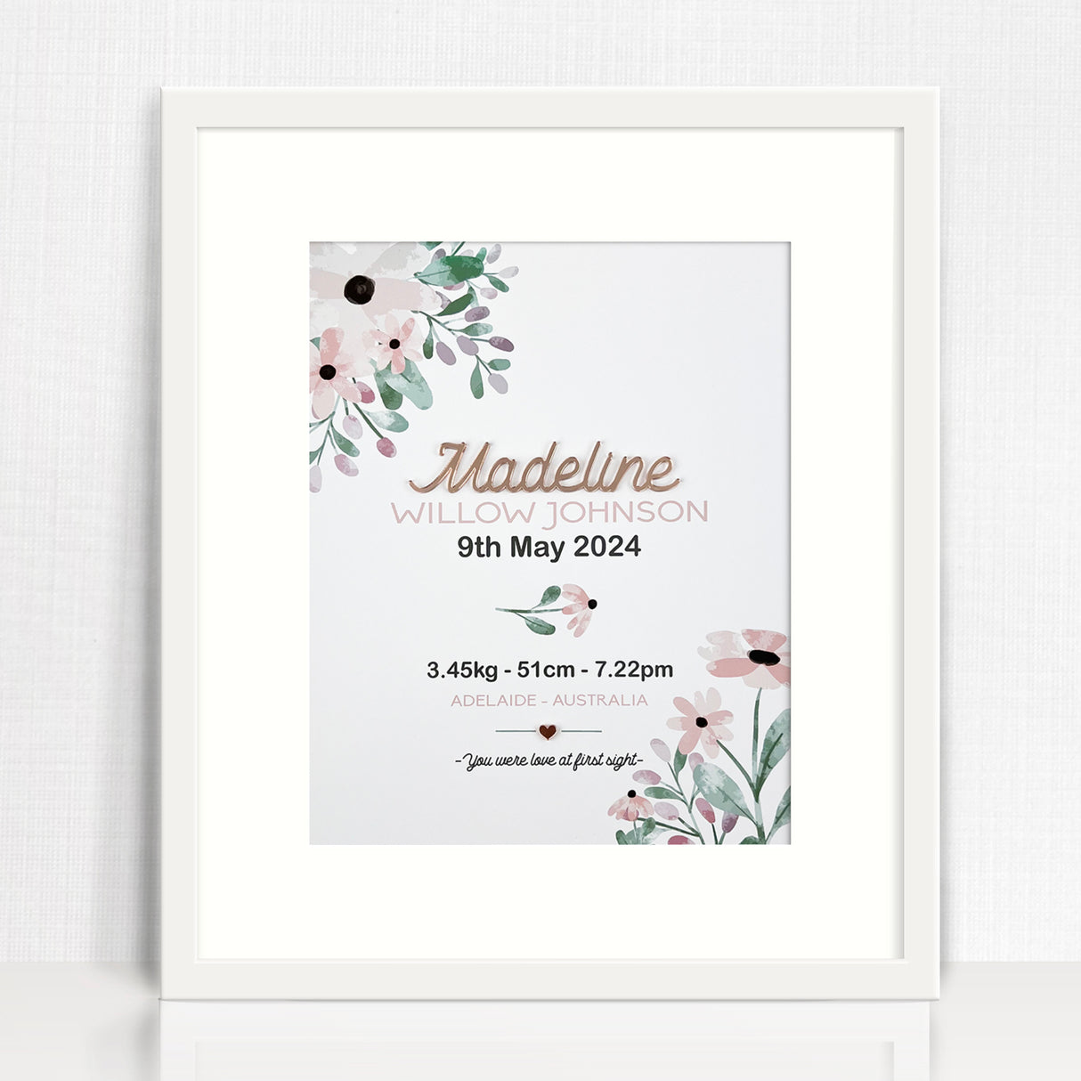 Mirror (Rose Gold) Pink Petal Stems 3D Personalised Birth Print