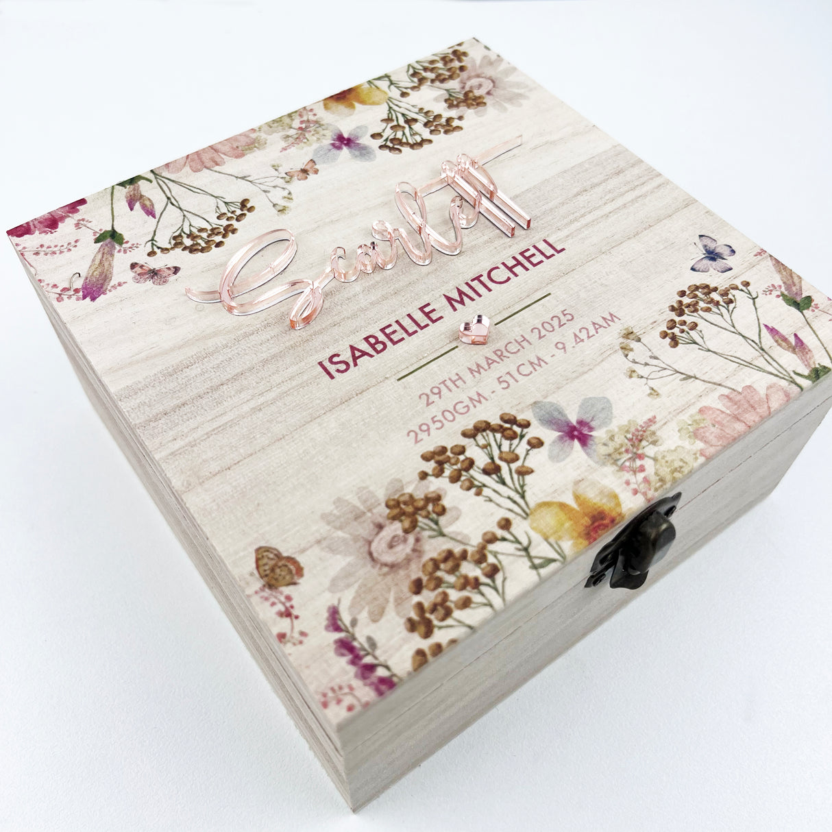 Printed Wildflowers 3D Birth Details Square Keepsake Box